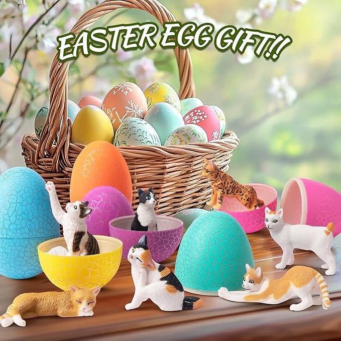 Toymany 8PCS Realistic Cat Figurines, Educational Cat Figures Toy Set, Kitten Cake Topper Easter Egg Birthday Gift for Kids Boys Girls Children