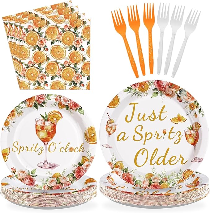 96 Pcs Spritz Party Decorations Just a Spritz Older Paper Plates and Napkins Orange Citrus Tableware Set for Cocktail Engagement Wedding Bachelorette Birthday Party Supplies