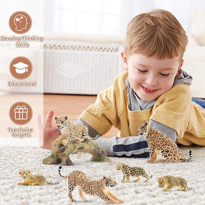 Toymany 7PCS Leopards Figurines with Leopards Cub and Tree Trunk, Realistic Jungle Animals Figures Family Playset, Educational Toy Cake Toppers
