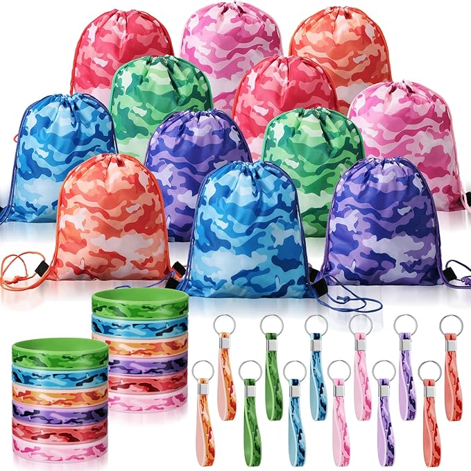 36 Pcs Tie Dye Party Favors Camouflage Drawstring Bag Bulk Camouflage Military Rubber Keychain Silicone Bracelet for Goodie Bag Stuffers Fillers Summer Camping Birthday Party Supplies(Assorted Camo)