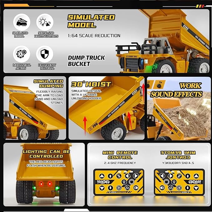 1:64 Mini RC Dump Truck Toy, Alloy Metal Construction Vehicle with App & Remote Dual Control, Variable Speed, LED Lights & Sound, RC Engineering Car Gift for Kids & Adults