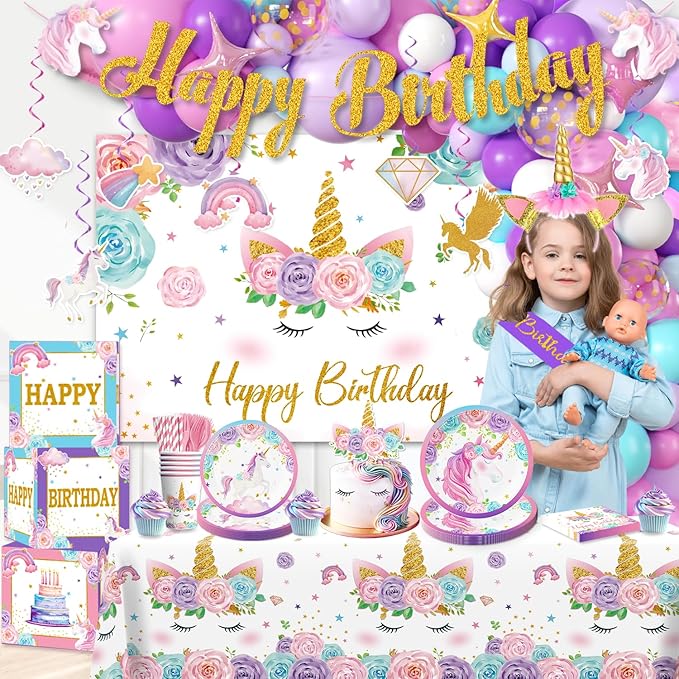 cocomigo 246PCS Unicorn Birthday Decorations Set, All-in-One Party Supplies Pack with 20 Plates, Purple Unicorn Party Supplies for Girl Birthday Party, Serves 20 Guests