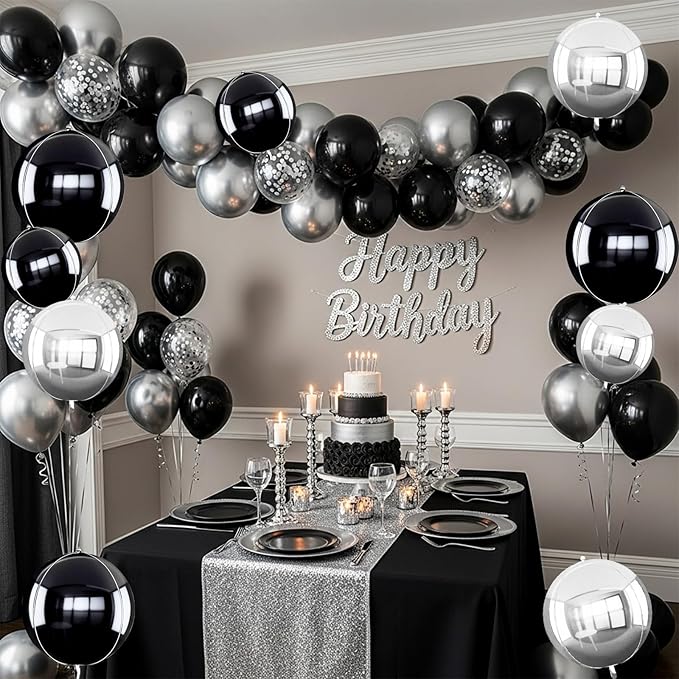 TONIFUL 16Pcs Large Black Silver 4D Giant Round Foil Balloon 4D Mirror Metallic Mylar Sephere Balloons for Christmas New Year Birthday Party Graduation Wedding Baby Shower Decoration Supp(Mix Sizes)