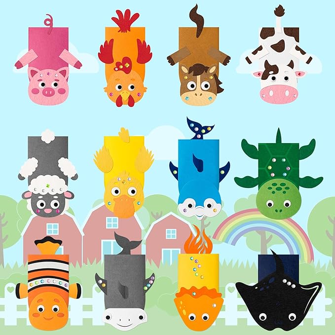 WATINC 12Pcs Hand Puppet Making Kit, Art Craft Felt Sock Puppet Toys, Creative DIY Make Your Own Pompoms Wiggle Googly Eyes Storytelling Role Play Party Supplies Gift for Girls Boys (Farm A Ocean A)