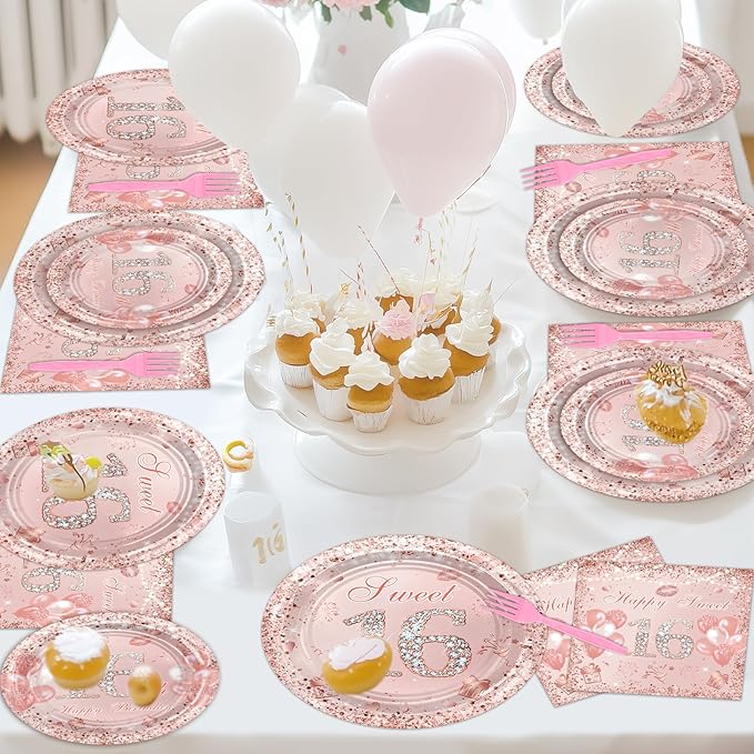 Avezano 96 Pcs Rose Gold Sweet 16 Birthday Party Paper Plates and Napkins Girls Sweet 16 Decorations Sweet Sixteen Birthday Party Disposable Paper Tableware Serve 24