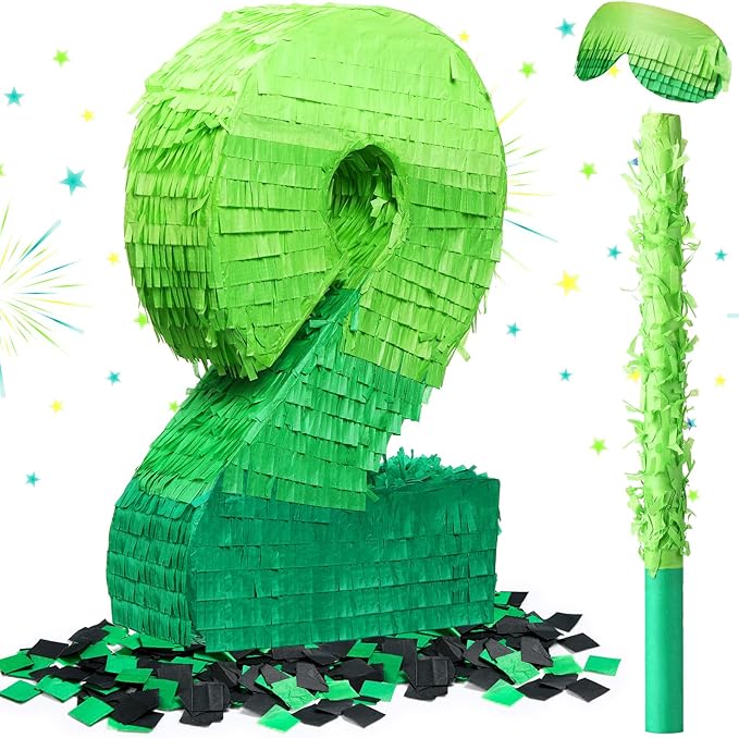 Number Piñata Decorations 16 Inch Gradient Green Piñata with Blindfold Stick and Confetti for Birthday Baby Shower Safari Jungle Themed Party Supplies Centerpiece(Number 2)