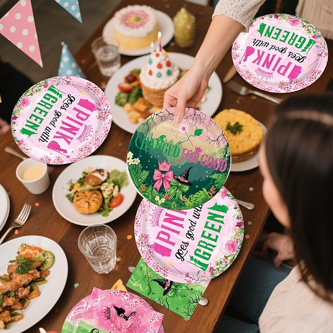 41pcs Witch Party Decorations Include 10pcs Pink Plates, 10pcs Green Plates, 20pcs Napkins, Tablecloth for Pink and Green Birthday Decorations