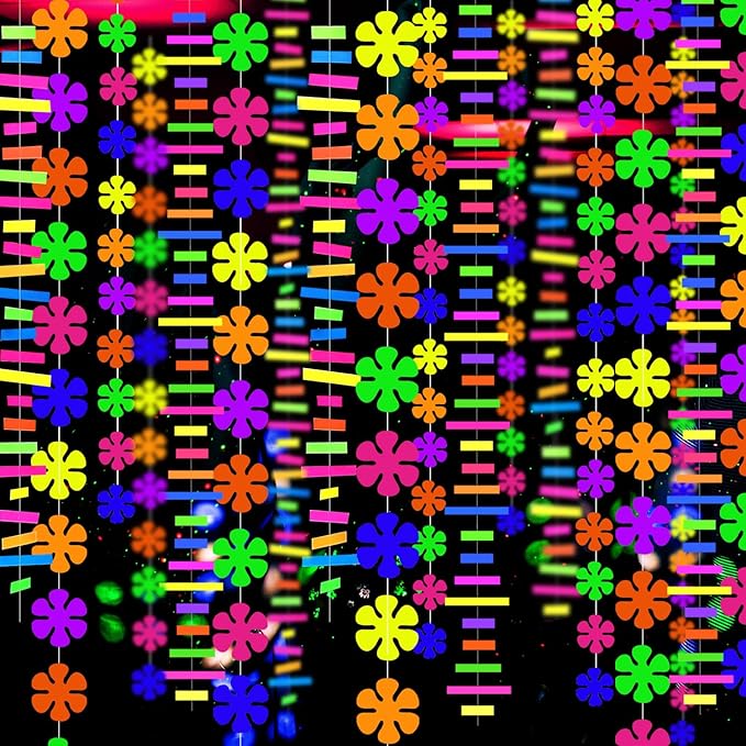 90 Feet Windmill Flower&Stripe UV Neon Garland Streamers Glow in The Dark Party Supplies Decoration for Birthday Banner Black Light Neon Party Decorations for Dark Glow Party UV Reactive Party Favor