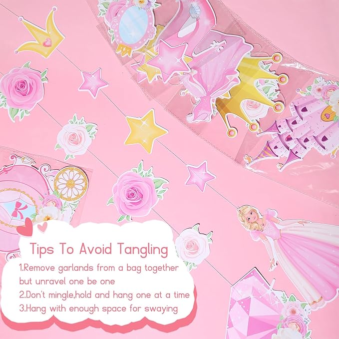 8 Pieces Floral Princess Party Decorations Princess Theme Garland Banners Pink Gold Castle Crown Carriage Paper Cutouts for Birthday Baby Shower Favors Classroom Supplies
