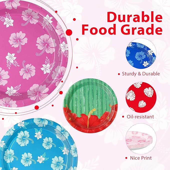 60Pcs Hawaiian Party Paper Plates 9 Inch Disposable Heavy Duty Hawaiian Hibiscus Floral Plates Tropical Luau Cartoon Hibiscus Party Decorations for Hawaii Summer Beach Pool Holiday Birthday Supplies
