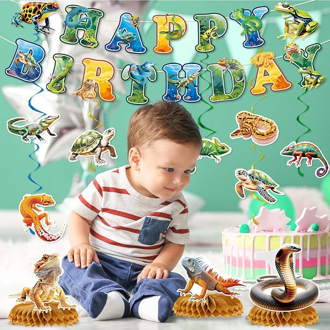 Reptile Birthday Party Decorations Include Reptile Jungle Swamp Happy Birthday Banners Hanging Swirls Honeycomb Centerpieces Safari Animals Lizard Snake Alligator Turtle Party Supplies