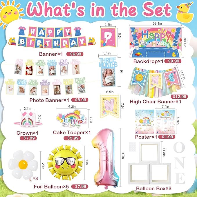 135 pcs Rachell English Teacher Party Supplies, 1st Birthday Decorations Girl & Boy, Photo Banner Balloons Poster Crown High Chair Banner Cake Topper Cartoon Theme Backdrop for Kids Birthday Decor