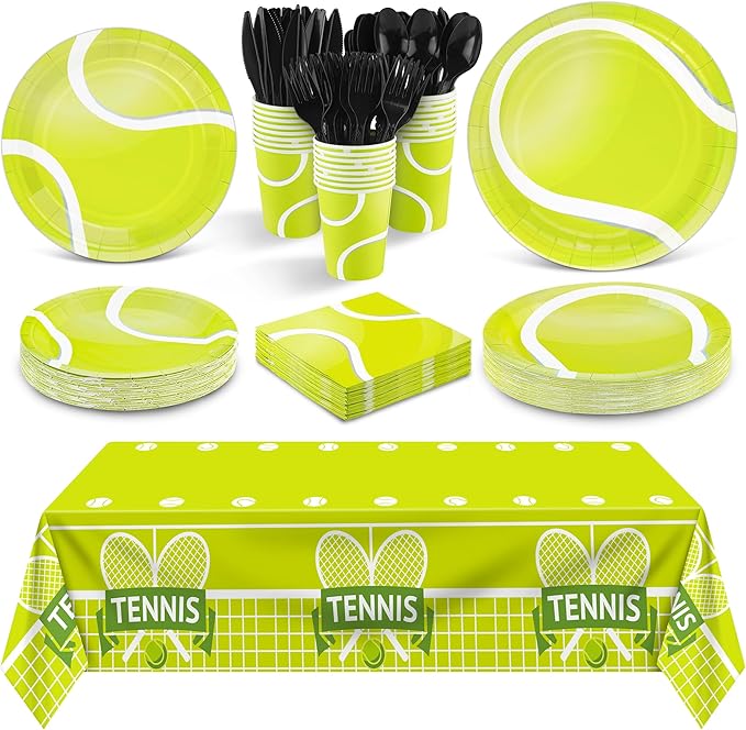 durony 169 Pieces Tennis Party Supplies Include 48 Tennis Dessert Plates 24 Tennis Paper Cups Plastic Tablecloth 24 Tennis Napkins 24 Knives 24 Forks 24 Spoons Tennis Disposable Tableware Set