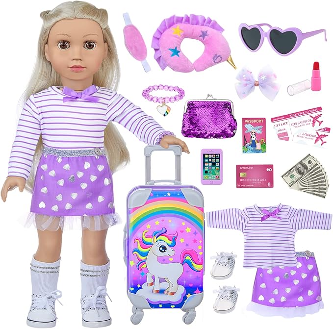 DONTNO 29 Pcs American Doll Clothes & Accessories, Cute Travel Play Set for 18 Inch Doll - Purple Clothes Suit, Unicorn Suitcase, Handbag, Lipstick, Camera, Sunglasses