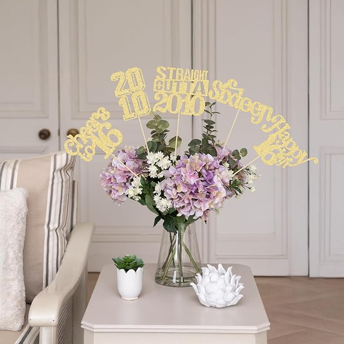 Gyufise 15Pcs Happy 16th Birthday Centerpiece Sticks Sixteen Straight Outta 2010 Table Flower Centerpieces Sticks for Cheers to 16th Birthday Party Supplies Gold