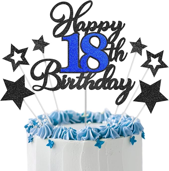 Happy 18th Birthday Cake Toppers, Black Blue Glitter Cake Decorations Set, 18th Birthday Decor, Birthday Anniversary Party Decorations Supplies