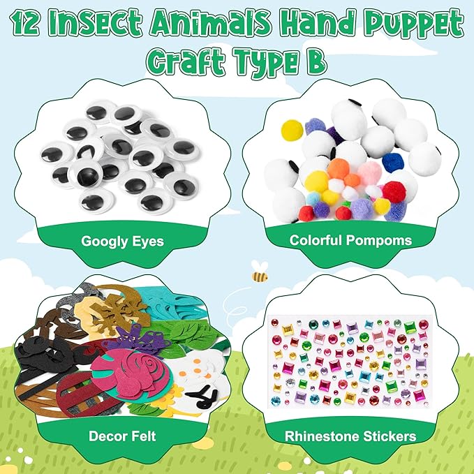 WATINC 12 Pcs Hand Puppet Making Kit, Art Craft Felt Sock Puppet Toys, Creative DIY Make Your Own Pompoms Wiggle Googly Eyes Storytelling Role Play Party Supplies Gift for Girls Boys (Insect Animals)