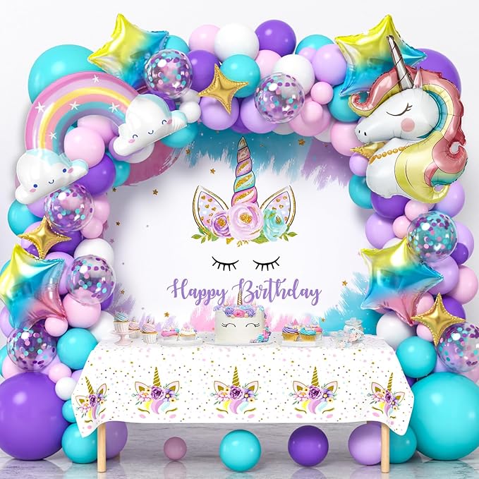 Unicorn Birthday Decorations Party Supplies for Girls, Purple Unicorn Balloon Arch with Backdrop Tablecloth Rainbow Star Foil Balloons, Princess Girls Unicorns Party Decorations Supplie