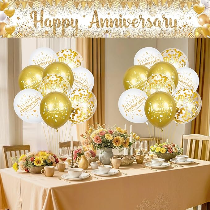 Happy Anniversary Decorations Banner with Balloons Set - Large Gold and White Backdrop Background Sign and Confetti Latex Balloons Kit for Wedding Anniversary Party Supplies, Indoor Outdoor Yard Decor