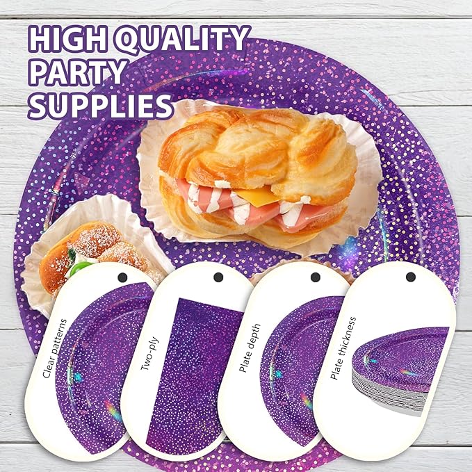 Grencian 96Pcs Purple Party Supplies Iridescent Rainbow Purple Plates and Napkins Sets Iridescent Purple Birthday Decorations for Girls Women Sprinkle Wedding Anniversary Party Favors Serves24