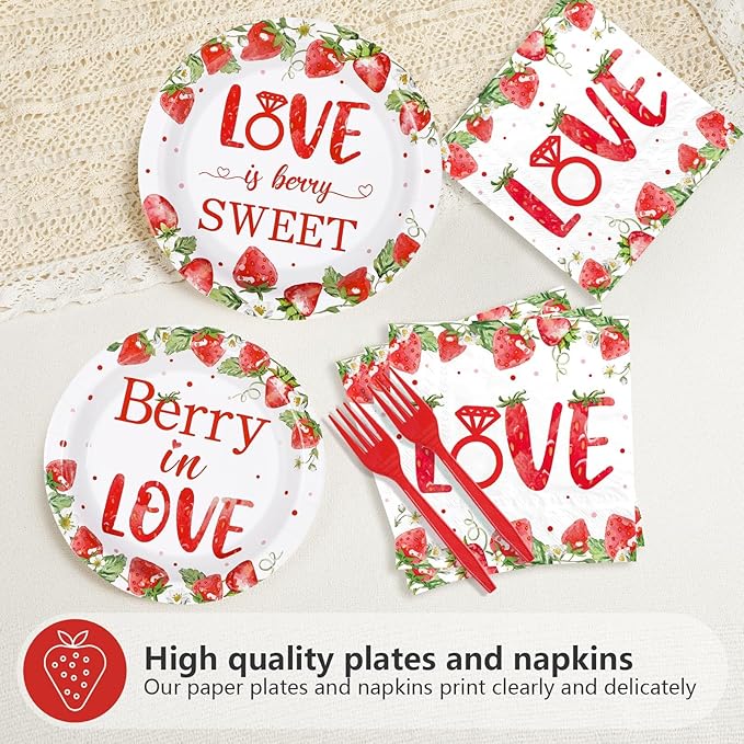 96Pcs Strawberry Bridal Shower Party Supplies Love is Berry Sweet Party Plates and Napkins Disposable Berry in Love Tableware Set for Women Bridal Shower Wedding Engagement Decorations Serves 24