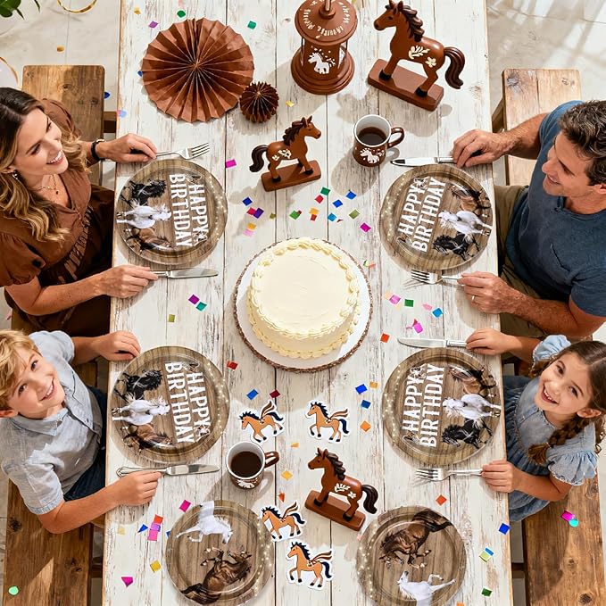 96Pcs Horse Birthday Decorations Racing Horse Plates and Napkins White Brown Black Horses Birthday Decorations Favors for Cowboys Cowgirls Western Theme Bday Baby Shower Party Supplies Serves 24
