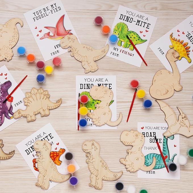 GOGREENWOVEN 24 Pack Dinosaur Party Favors for Kids - DIY Dinosaur Wood Painting Craft Kit with Thank You Cards - Dino Birthday Goodie Bag Fillers & Art Supplies for Boys and Girls