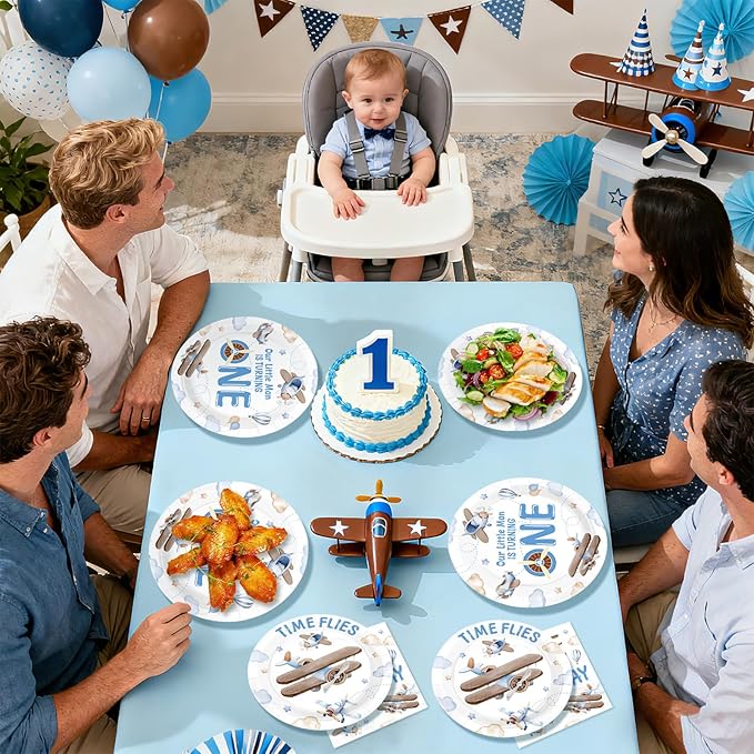 96Pcs Time Flies 1st Birthday Party Decorations Airplane 1st Birthday Plates and Napkins Sets Airplane Theme First Decorations for Boys Girls One Year Old Baby Shower Party Supplies Serves 24