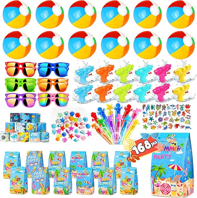 Pool Party Favors and Beach Party Favors 168pcs Summer Party Toys for Kids,Including Beach Balls, Sunglasses, Bubble Wands Party Supplies for Summer Birthday Ages 4-8 8-12