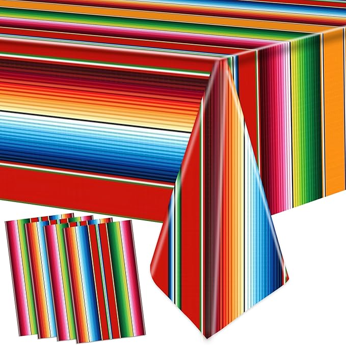 4 PCS Mexican Fiesta Plastic Tablecloth 108 x 54 Inch Mexican Striped Disposable Table Covers Waterproof Cinco De Mayo Rectangle Party Table Cloth for Fiesta Taco Mexico Themed Birthday Party Supplies