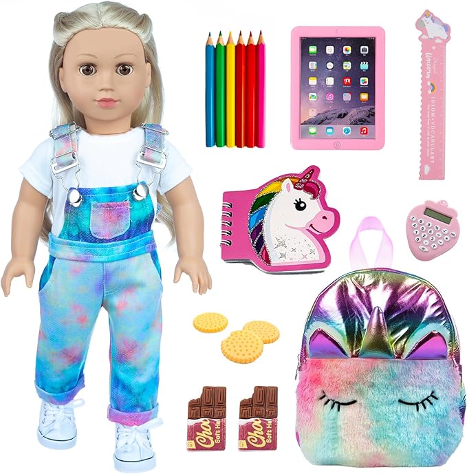 DONTNO American 18 Inch Doll Accessories, Cute School Supplies Set - Denim Suspenders, Doll Bag, Pencil, Ruler