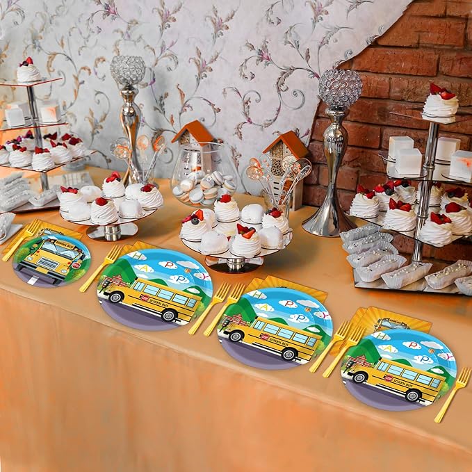 gisgfim 96 Pcs School Bus Party Plates and Napkins Party Supplies Back to School Birthday Party Tableware Set School Bus Decorations Favors for Birthday Baby Shower for 24 Guests