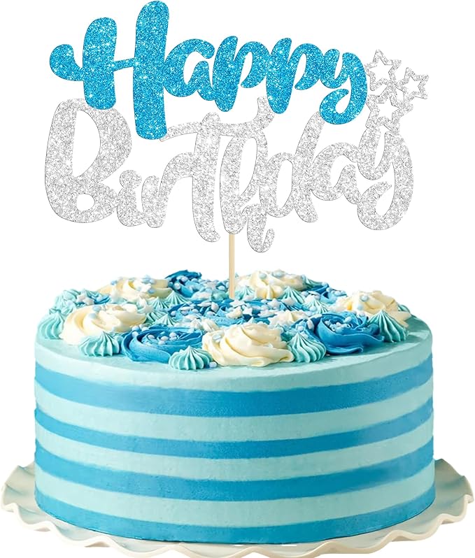 Ephlyn 1Pcs Happy Birthday Cake Topper Glitter Happy Birthday Cake Pick for Winter Wonderland Baby Shower Theme Anniversary Party Decorations Supplies Blue Silver