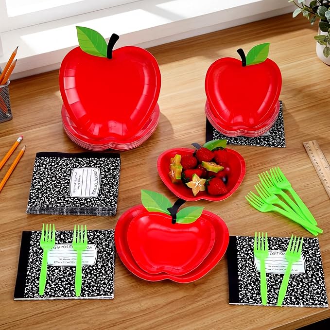 122 Pcs Back to School Party Supplies Set for 24 Guests, 9 Inch 7 Inch Apple Paper Plates Napkins and Forks School Theme Tableware Set for Teacher Appreciation Classroom Party Decorations