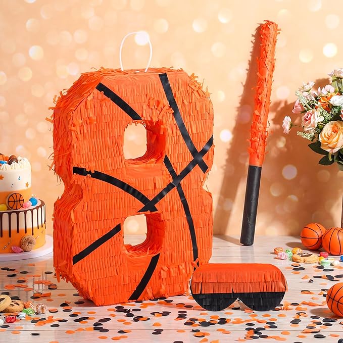 Soulchen Basketball Number 2 3 4 8 Pinata Basketball Party Decorations 16 Inch Piñata with Blindfold Stick and Confetti for Birthday Sports Theme Party Supplies Centerpiece(Number 8)