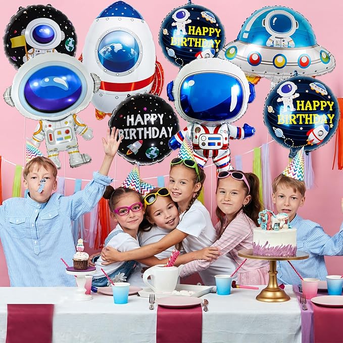 8 Pcs Space Balloons 33 Inch Astronaut Mylar Airship Planet Rocket Galaxy Foil Balloons for Outer Space Galaxy Themed Birthday Party Decorations