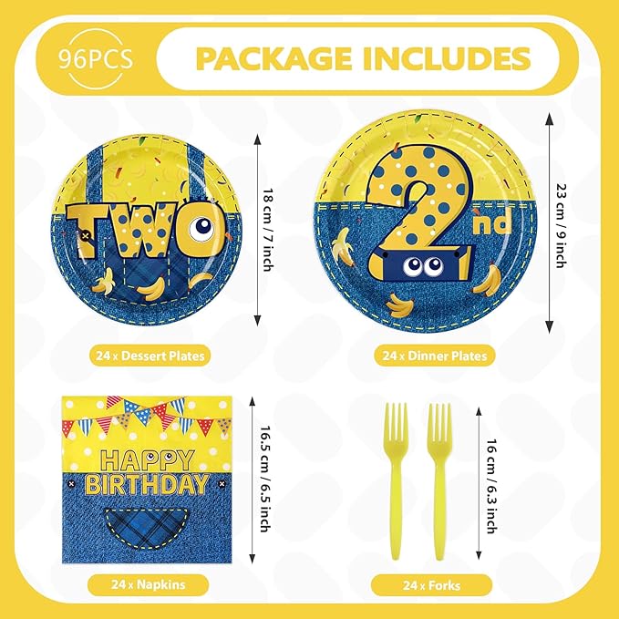 96 Pcs Yellow Cartoon 2nd Birthday Party Supplies Yellow Jeans Banana Plates and Napkins Disposable Big Eyes Cartoon Tableware Set for Boys Girls 2 Years Old Birthday Party Decorations Serves 24