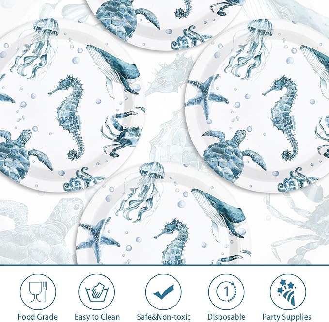 50Pcs Coastal Paper Plates 10 Inch Large Heavy Duty Seahorse Starfish Seashell Platters Blue Ocean Jellyfish Themed Plates for Winter Xmas Beach Holiday Birthday Lunch Dinner Supplies Decorations