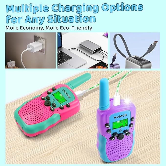 Vvinca Walkie Talkies for Kids Rechargeable 4 Pack, 3 Mile Walkie Talkie Long Range, Christmas Birthday Gift for Age 3-12 Boy Girl with Flashlight 22CH 2 Way Radio for Adventure Camping Outdoor Hiking