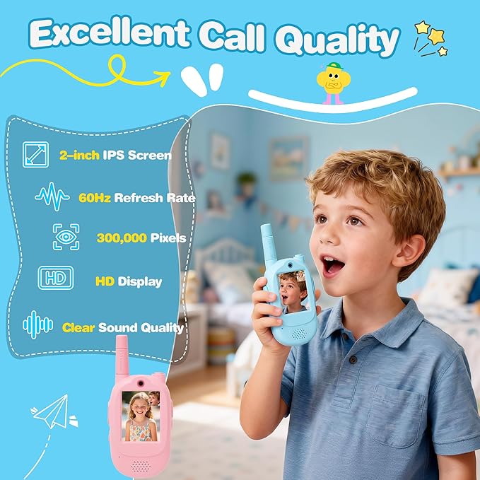 Video Walkie Talkies for Kids, Blue/Pink 2 Pack 1000 mAh Rechargeable Long Range Video walkie talkies, 3 Wearing Options Indoor Outdoor Toys for Family Games, Outside, Gifts for Boys Girls Ages 3-12