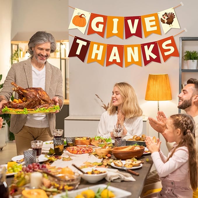 OHOME Thanksgiving Decorations - GIVE THANKS Banner | Friendsgiving Party Decorations for Indoor Outdoor Outside - Thanksgiving Garland for Front Door | THANKSGIVING Backdrop Wreath for Window Wall