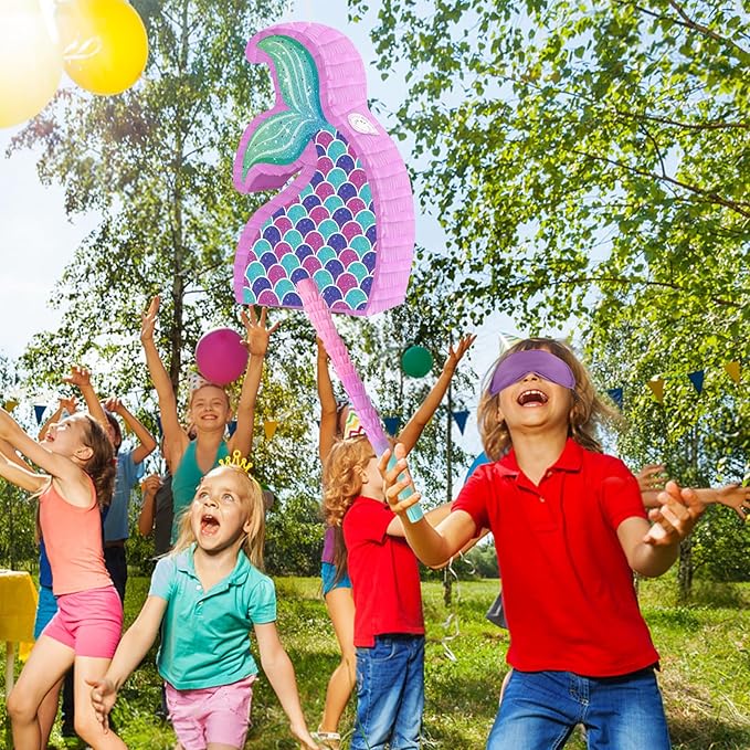 Hooqict Mermaid Tail Pinata with Pinata Stick & Blindfold for Girls Mermaid Party Games Decorations Under the Sea Ocean Themed Birthday Party Supplies