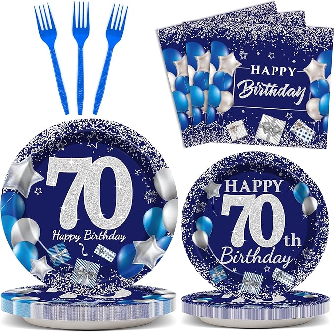 96 Pcs 70th Birthday Party Supplies - Navy Blue & Silver Plates, Napkins, Forks & Table Decorations for 24 Guests
