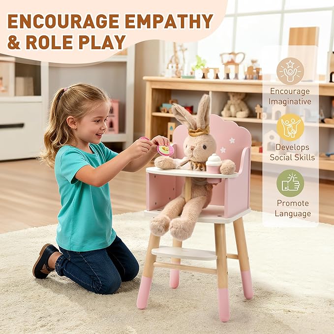Wooden Baby Doll High Chair, Doll Furniture, Fits Up to 18 inch Baby Dolls, 18 inch Doll Accessories - Pink