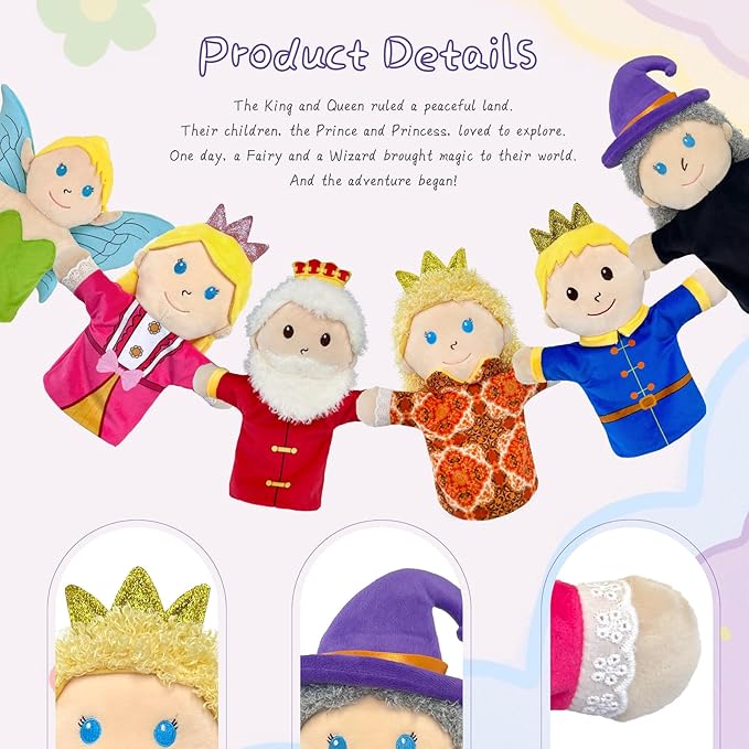 6 PCS Puppet Set 12 Inch, Fairy Tale Members Elf Plush Puppets Toddlers Princess Hand Puppet for Kids Ages,Soft Puppets for Storytelling Teaching Preschool Role Play Puppet Toy for Boy Girls