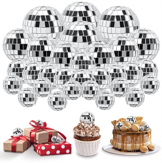 30 PCS Disco Balls Cake Decoration, Small Silver Reflective Mirror Ball Disco Table Decor 70s Disco Themed Party Supplies for Festive, 4 Sizes