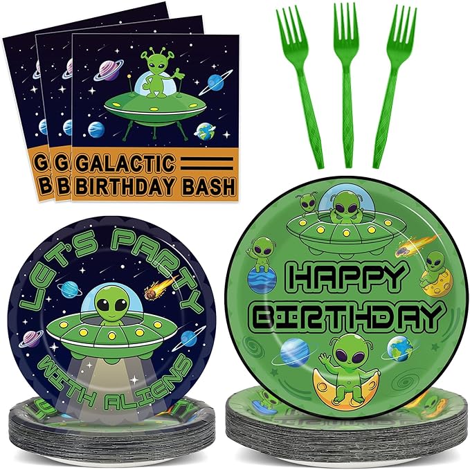 OBUSATT 96 Pcs Alien Theme Paper Plates and Napkins Outer Theme Space Birthday Party Supplies Galactic Birthday Tableware Set for Boys Girls Galaxy Party Decorations Favors for Serves 24