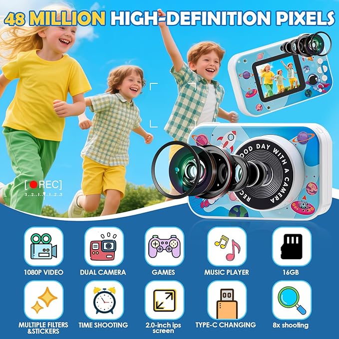 Kids Camera, 48MP Digital Camera for Kids with Dual Lens, 8X Zoom, IPS Screen, Music & Games, Gift for Children Ages 3–12, Blue