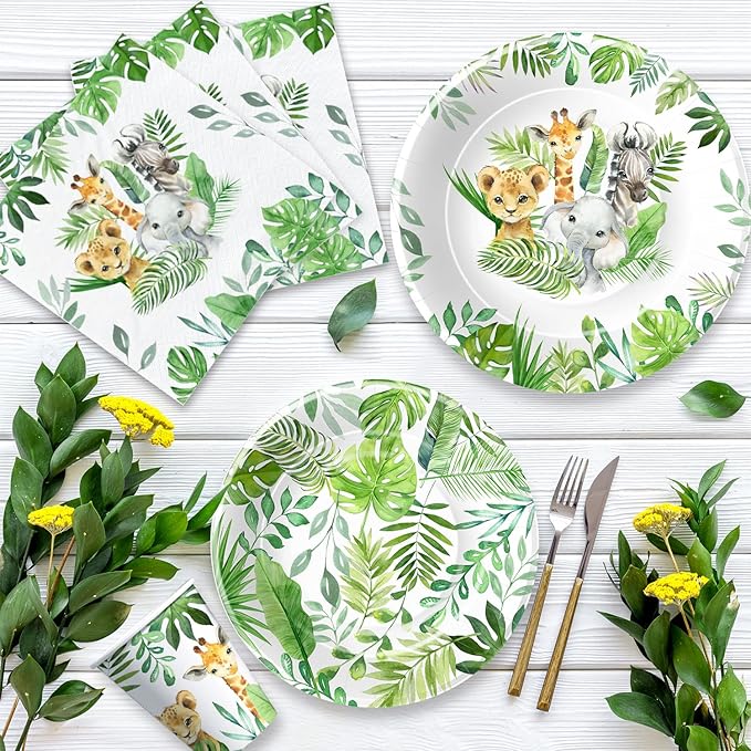 Safari Jungle Theme Party Supplies For Boys - Jungle Birthday Baby Shower Decorations Tableware Include 9" Plates, 7" Plate, Cups, Napkins, Safari Party Decorations | Serve 48