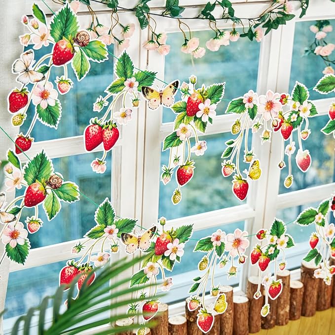Paper Jazz Strawberry Birthday Banner 2pcs Strawberry Garland Decoration Berry First Theme Birthday Supplies,Strawberry Streamers for Garden Classroom Red and Green Party Decor for Girl